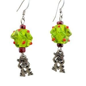 Whimsical Frog‎ Charm Green Glass Beaded Dangle Earrings Silver Tone